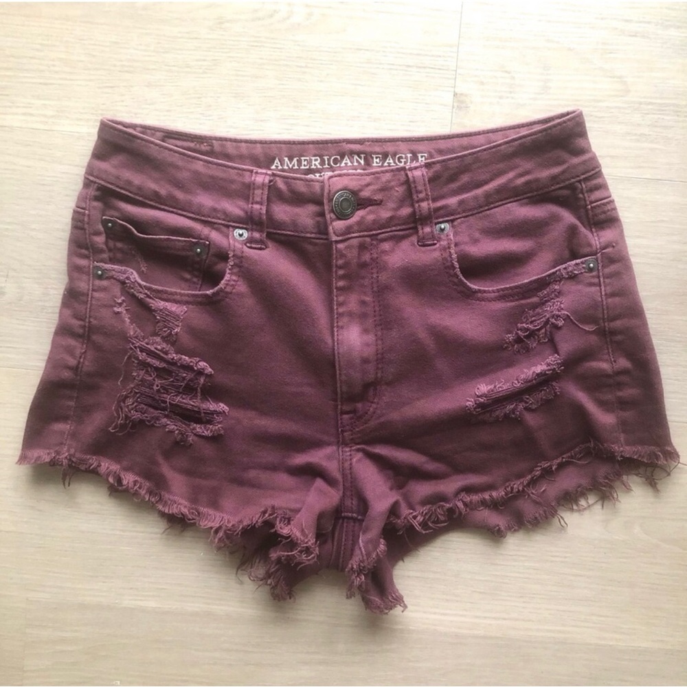 Women's American Eagle Outfitters Distressed Burgundy High Waisted Shorts